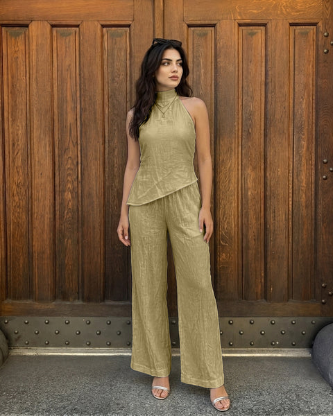 Mock Neck Asymmetric Top and Wide Leg Trousers Co-Ord Set in Olive Green