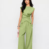 Draped Drawstring Top and Wide Leg Trousers Co-Ord Set in Sage Green