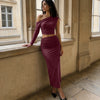 One Shoulder Ruched Top & Maxi Skirt Co-Ord Set in Wine Maroon