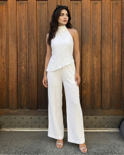 Mock Neck Asymmetric Top and Wide Leg Trousers Co-Ord Set in Classic White