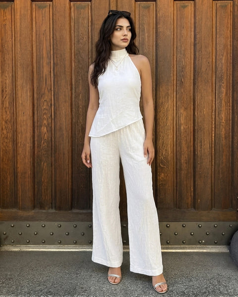 Mock Neck Asymmetric Top and Wide Leg Trousers Co-Ord Set in Classic White