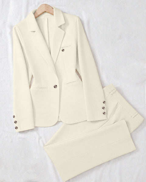 Minimalist Solid Color Notched Collar Single Button Business Suit Jacket & Pant Set In Off-White