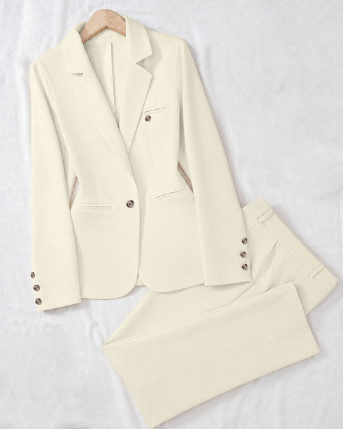 Minimalist Solid Color Notched Collar Single Button Business Suit Jacket & Pant Set In Off-White