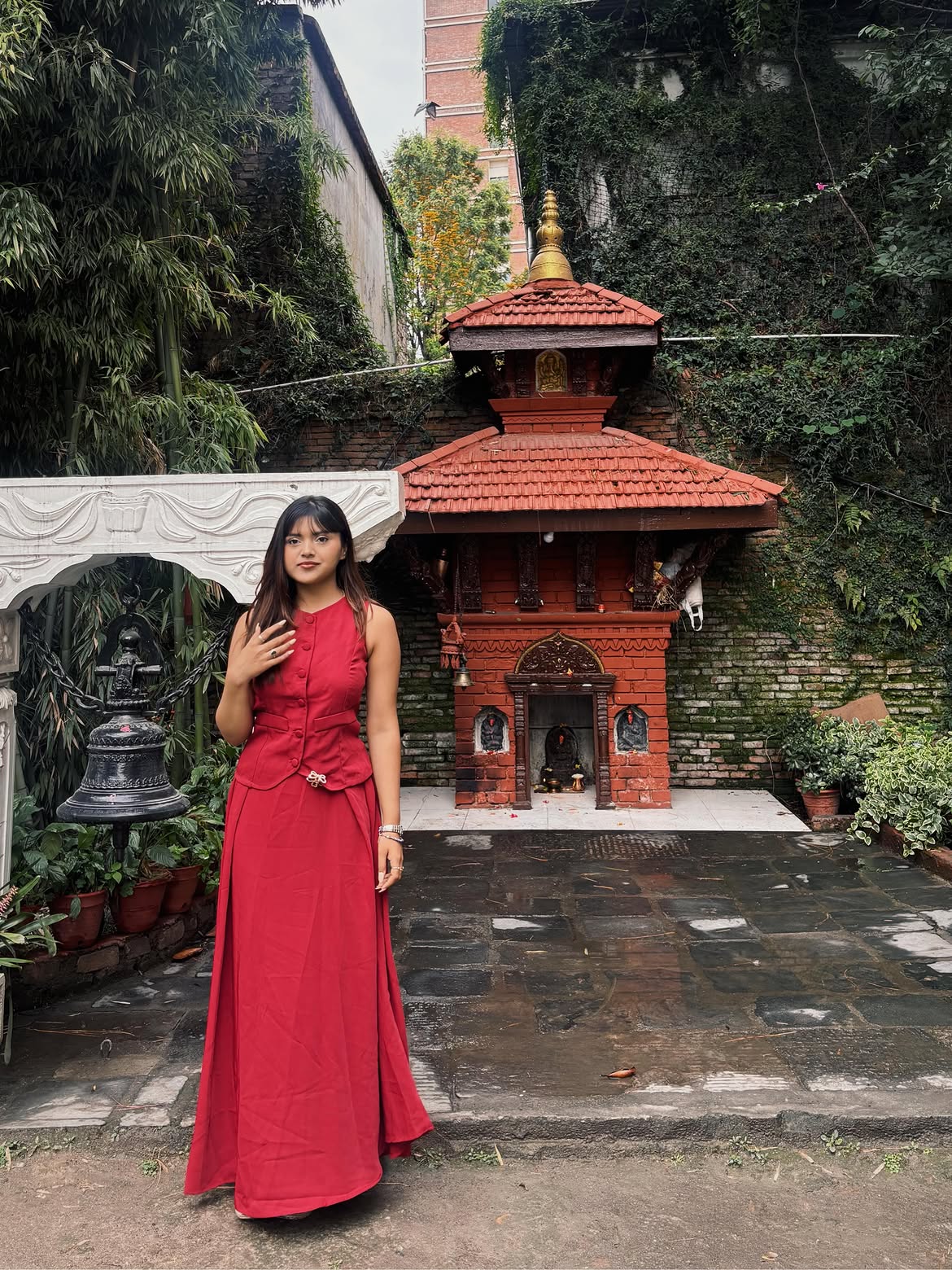 Customer photo 3 of Sleeveless Button Vest & Flared Midi Skirt Co-ords Set in Burgundy