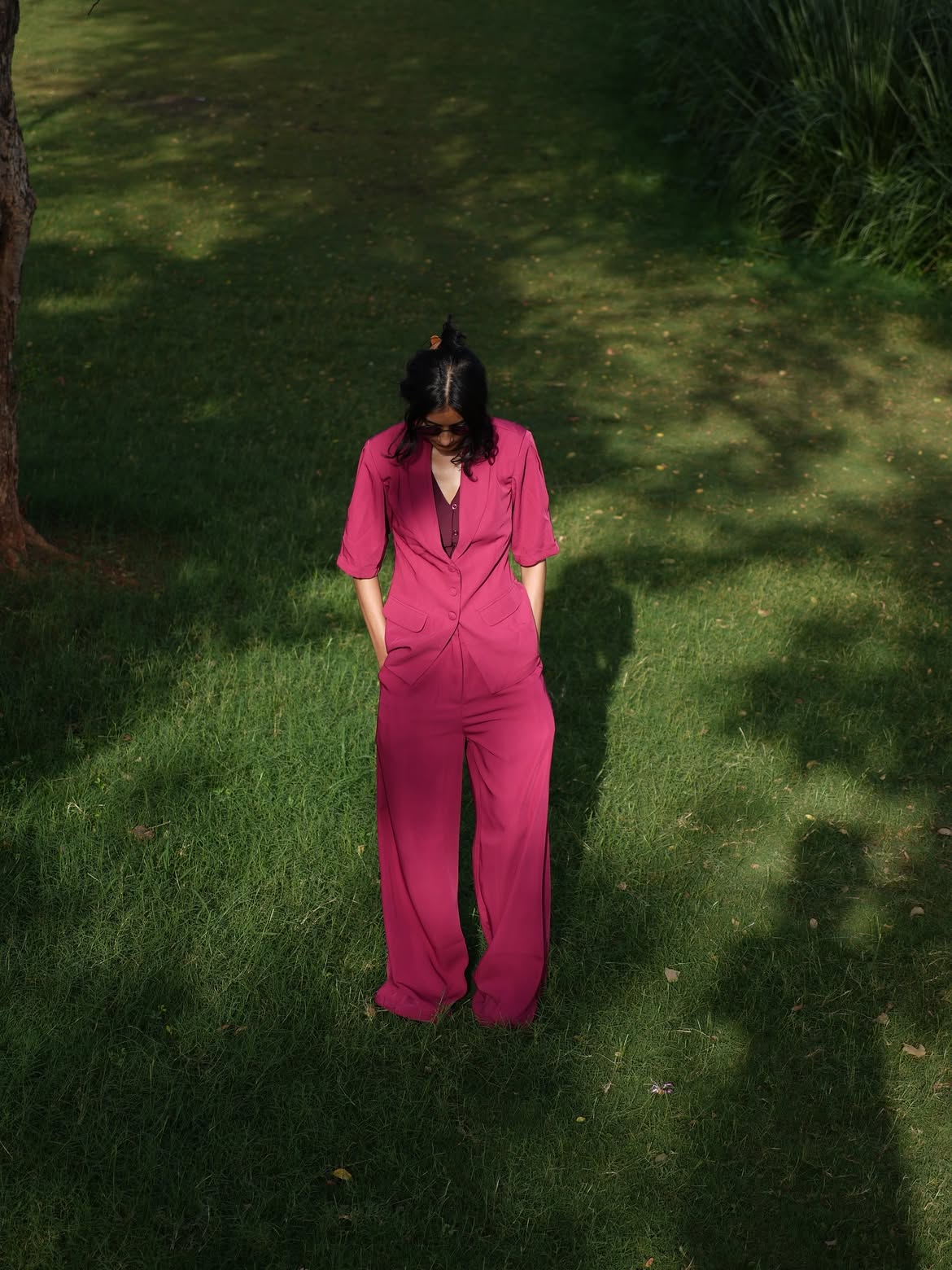 Customer photo 1 of Short Sleeve Blazer & Wide-Leg Trousers Matching Set in Burgundy