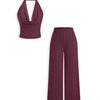 Maroon Halter Neck Crop Top & Wide-Leg Trousers Co-ords Set