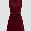 Satin Boat Neck Ruched Mini Dress in Red