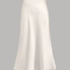 Front view of Off-white satin flared skirt with smooth glossy finish, fitted waist, and soft flowing hem for an elegant look.