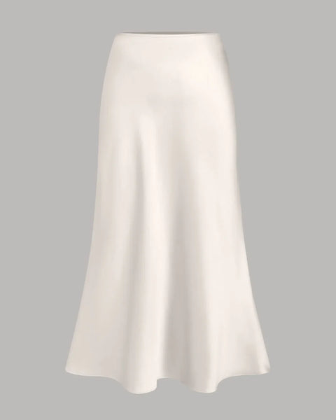 Front view of Off-white satin flared skirt with smooth glossy finish, fitted waist, and soft flowing hem for an elegant look.
