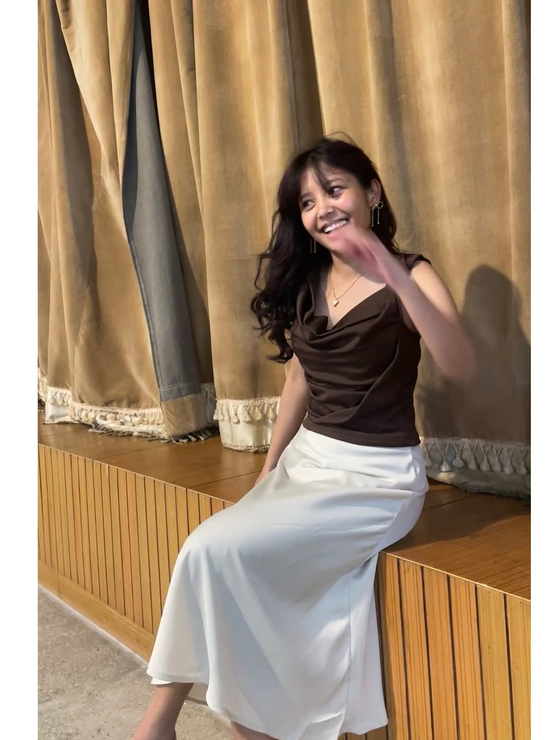 Customer photo 2 of Satin Bias-Cut Flared Midi Skirt in Cream