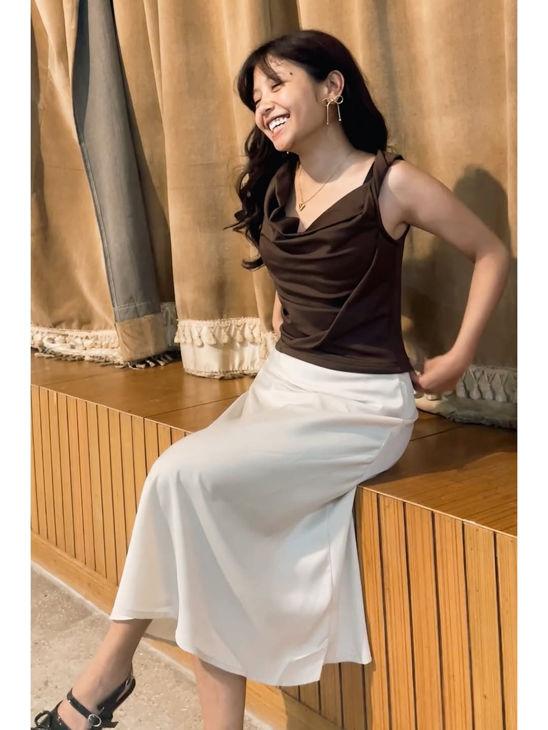 Customer photo 3 of Satin Bias-Cut Flared Midi Skirt in Cream