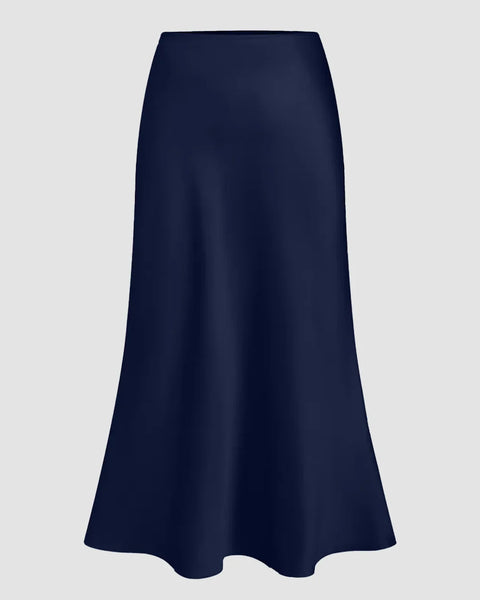 Satin Bias-Cut Flared Midi Skirt in Navy Blue Front View For Women | Littlebox India