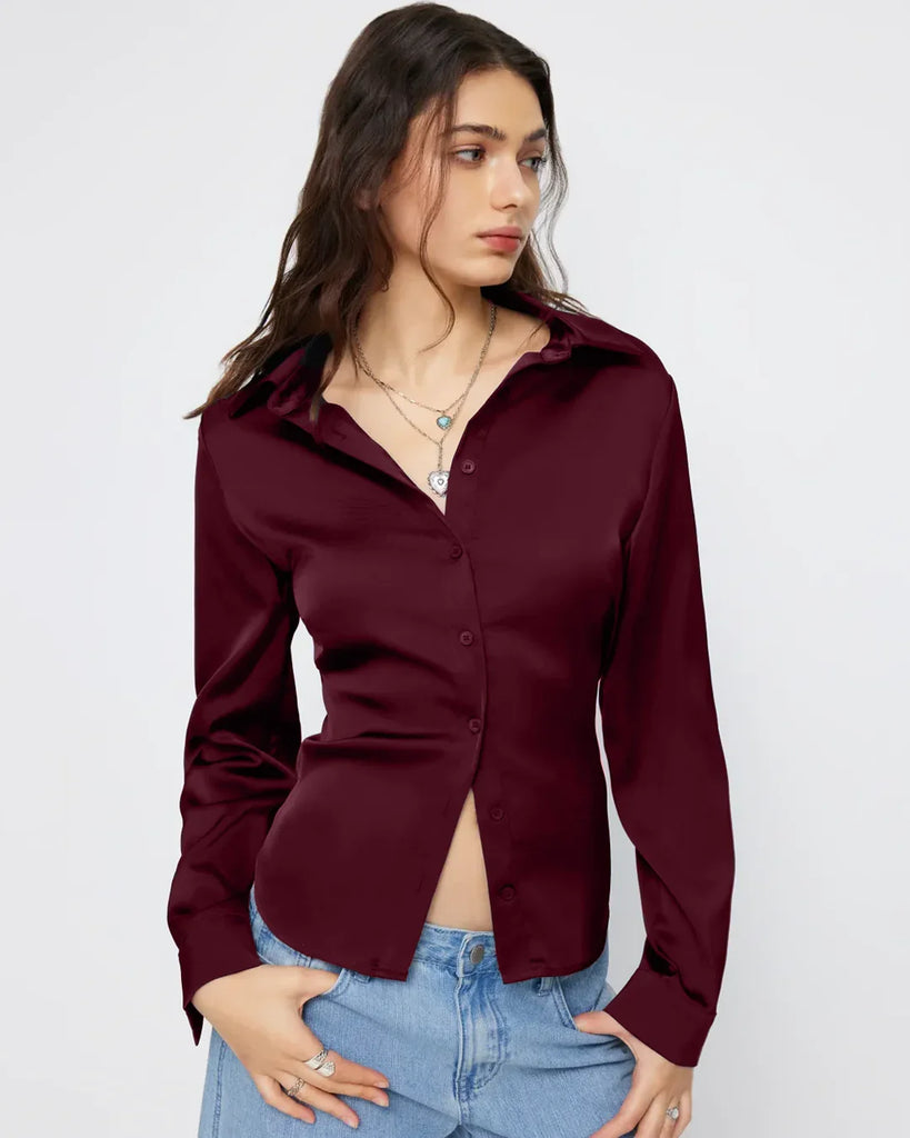 Satin Button-Down Collar Full Sleeve Shirt in Maroon – Littlebox India