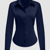 Satin Button-Down Collar Full Sleeve Shirt in Navy Blue Front View For Women | Littlebox India