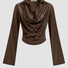 Front view of brown satin cowl neck long sleeve top with flared cuffs, stylish girls long sleeve top.