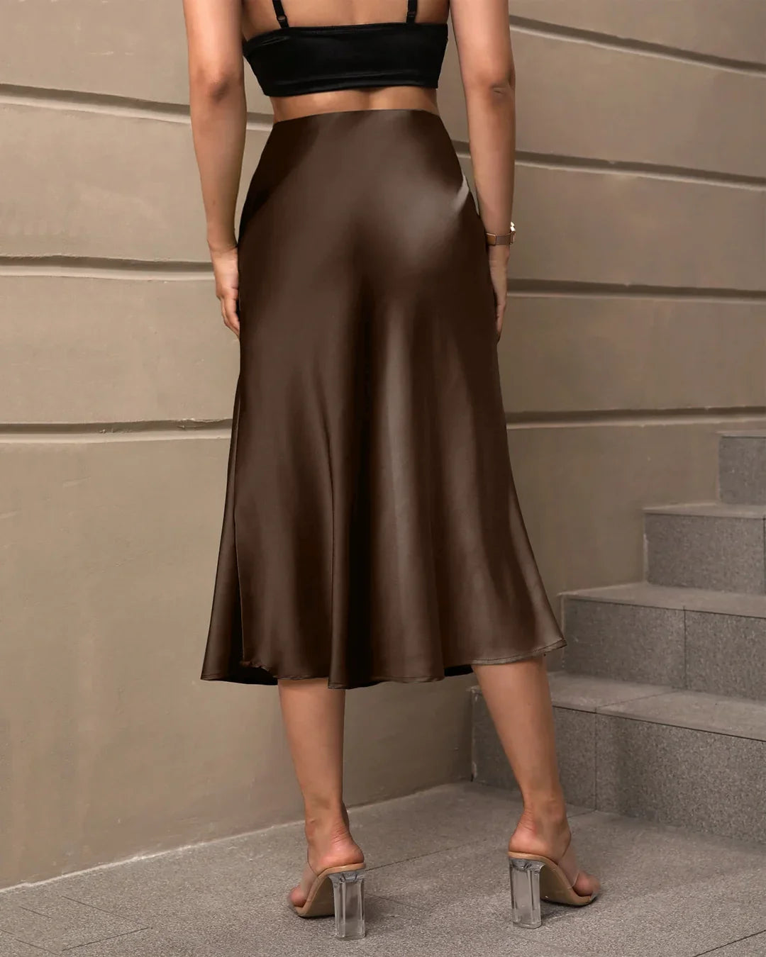 Satin Flared Midi Skirt in Brown - Littlebox India