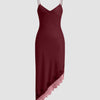 Satin Lace Trim Asymmetrical Sleeveless Midi Dress in Red Front View for Women | Littlebox India
