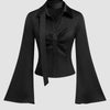 Satin Polo Ruched Bell Sleeve Top With Scarf in Black Front View for Women | Littlebox India