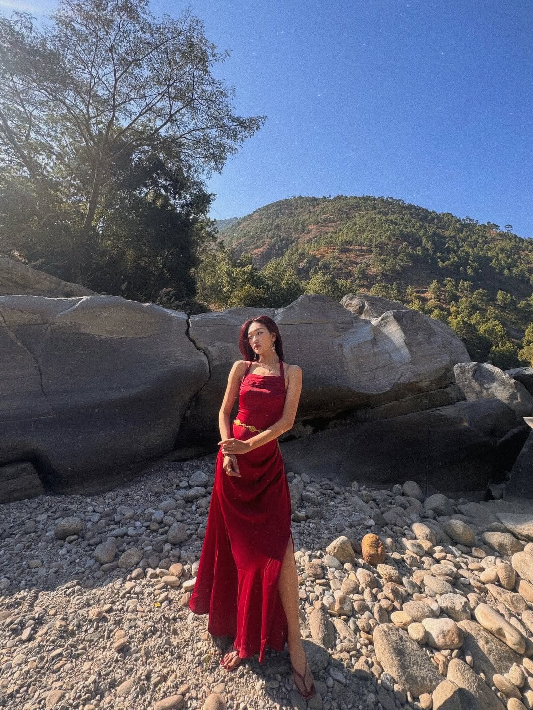 Customer photo 1 of Satin Sleeveless Halter Neck  Maxi Dress in Red