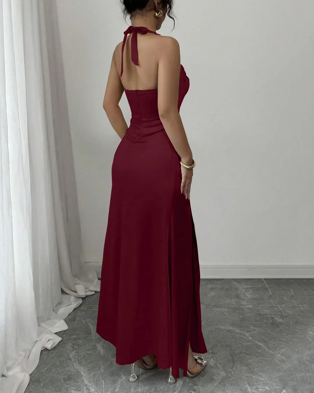 Satin Sleeveless Halter Neck Maxi Dress in Red - Littlebox India Satin Sleeveless Halter Neck Maxi Dress in Red - Littlebox India