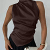 Satin Sleeveless High Neck Asymmetrical Hem Top in Coffee Front View For Women | Littlebox India