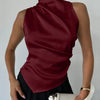 Satin Sleeveless High Neck Asymmetrical Hem Top in Red Front View For Women | Littlebox India