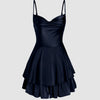 Satin Spaghetti Strap Layered Ruffle Cocktail Mini Cami Dress In Navy Blue Front View for Women | Littlebox India