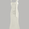 Satin Square Neck Ruched Lace Up Maxi Dress in Off White Front View for Women | Littlebox India