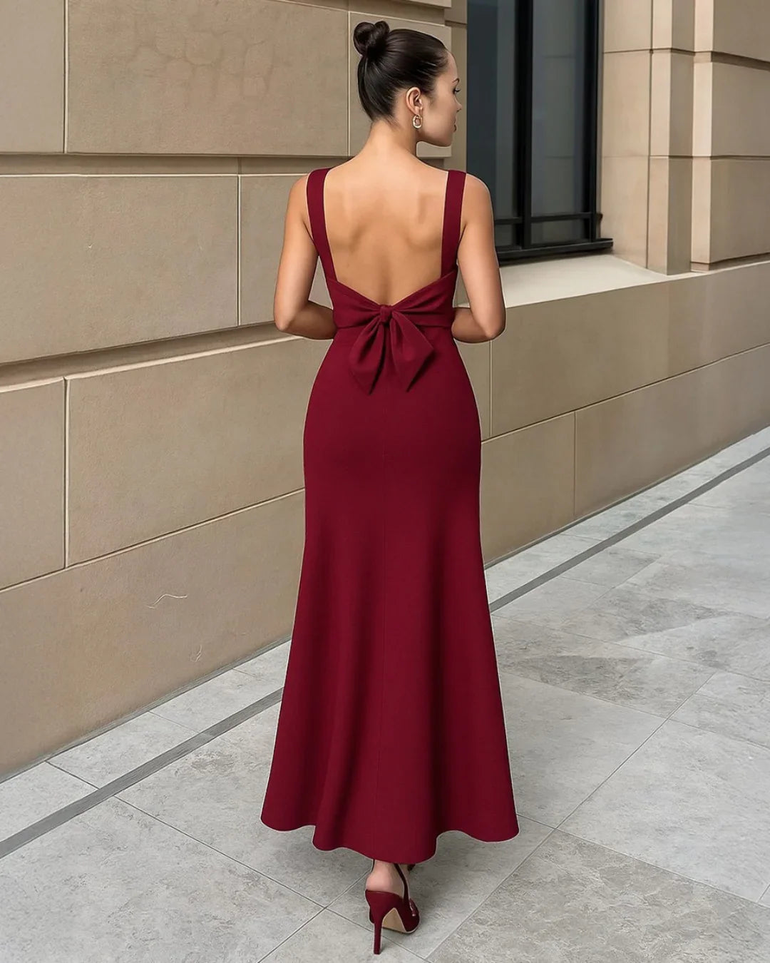 Scoop Neck Backless Bodycon Dress in Burgundy Littlebox India