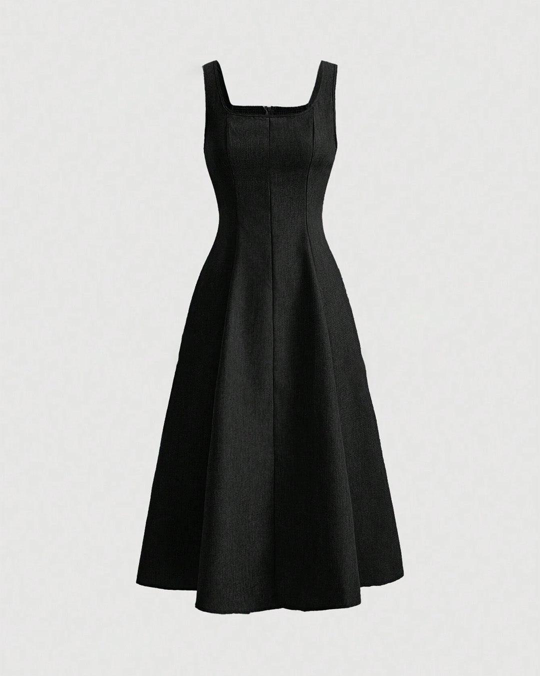 Scoop Neck Retro Style Midi Dresses In Black