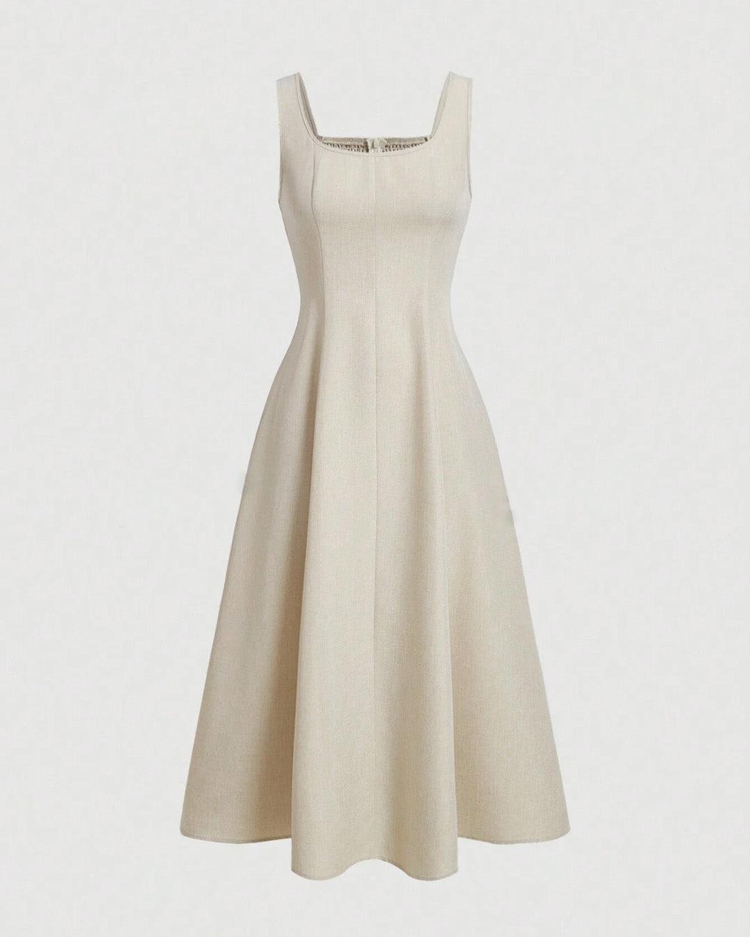 Scoop Neck Retro Style Midi Dresses In Off-White Littlebox India