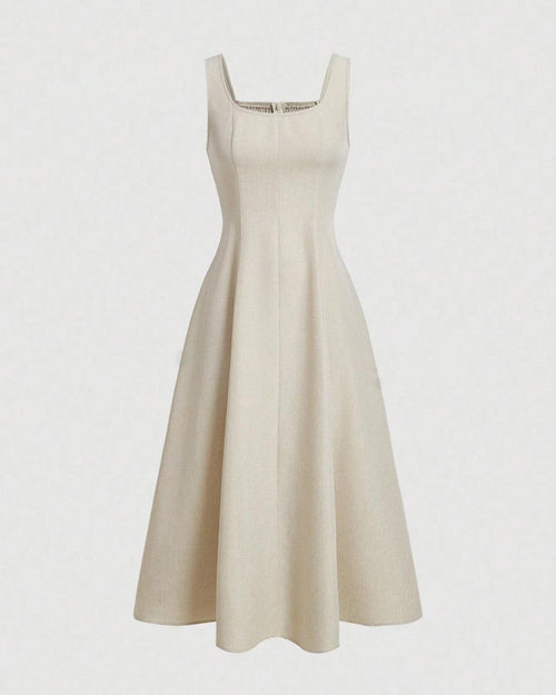 Front view of off white scoop neck midi dress with fitted bodice and flared skirt, elegant scoop neck dress.