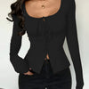 Scoop Neck Slim Fit Solid Full Sleeve Top in Black Front View for Women | Littlebox India