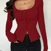 Scoop Neck Slim Fit Solid Full Sleeve Top in Red Front View for Women | Littlebox India