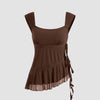 Front view of a brown scoop neck tank top with wide straps, side tie-up detail, and asymmetrical flared hem on a plain background.
