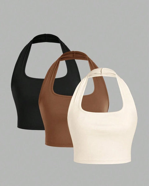 Set Of 3 -  Halter Neck Cropped Camisole Top Front View For Women | Littlebox India