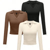 Set of three long-sleeved V-collar tops for women in different colors displayed together