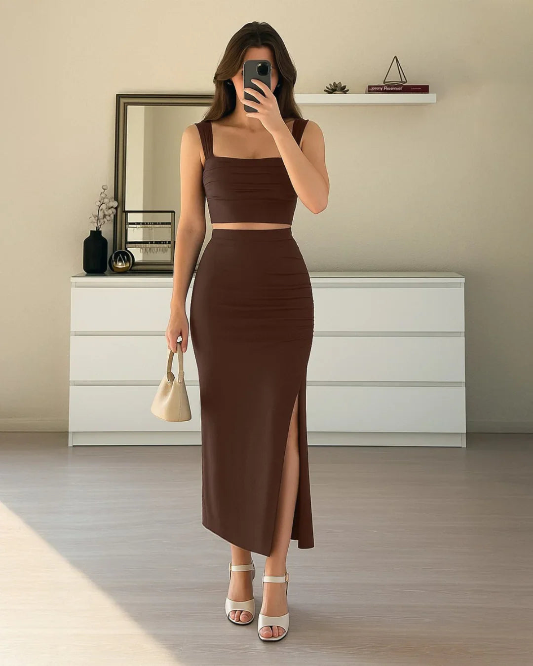 brown skirt dress Crop Top With Side Split Skirt In Brown