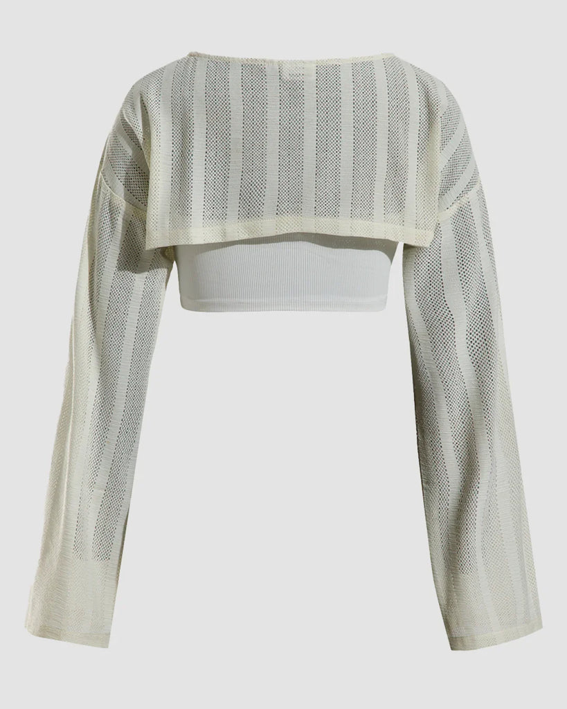 Back view of a Sheer long sleeve cropped top in off-white with white and grey stripes, featuring a layered design.
