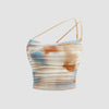 Front view of asymmetric strap neckline ruched mesh top with a watercolor-inspired print in multicolor