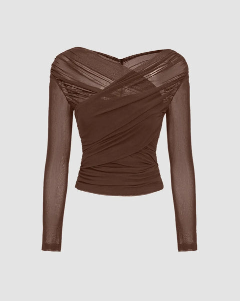 Front view of Sheer coco brown long sleeve wrap top with ruched detailing and a sculpted silhouette for a soft yet structured look.