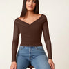 Sheer Mesh Long Sleeve Ruched Wrap Top In Coco Brown On Model For Women | Littlebox India