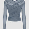 Sheer Mesh Long Sleeve Ruched Wrap Top In Grey Front View For Women | Littlebox India