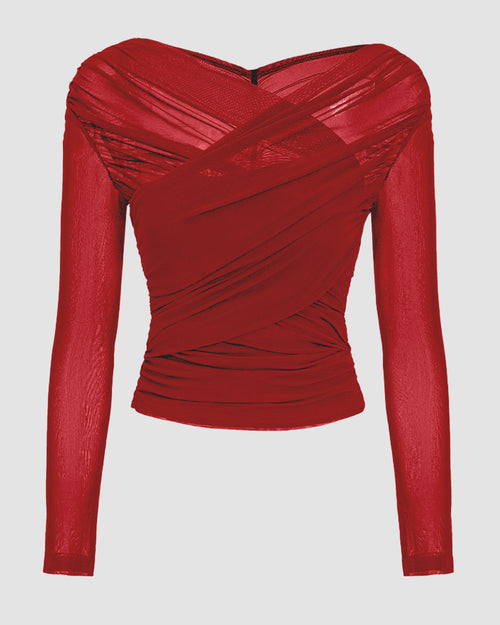 Long Sleeve Off-Shoulder Draped Wrap Top in Red