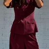 Short Sleeve Blazer & Wide-Leg Trousers Matching Set in Burgundy Front View For Women | Littlebox India