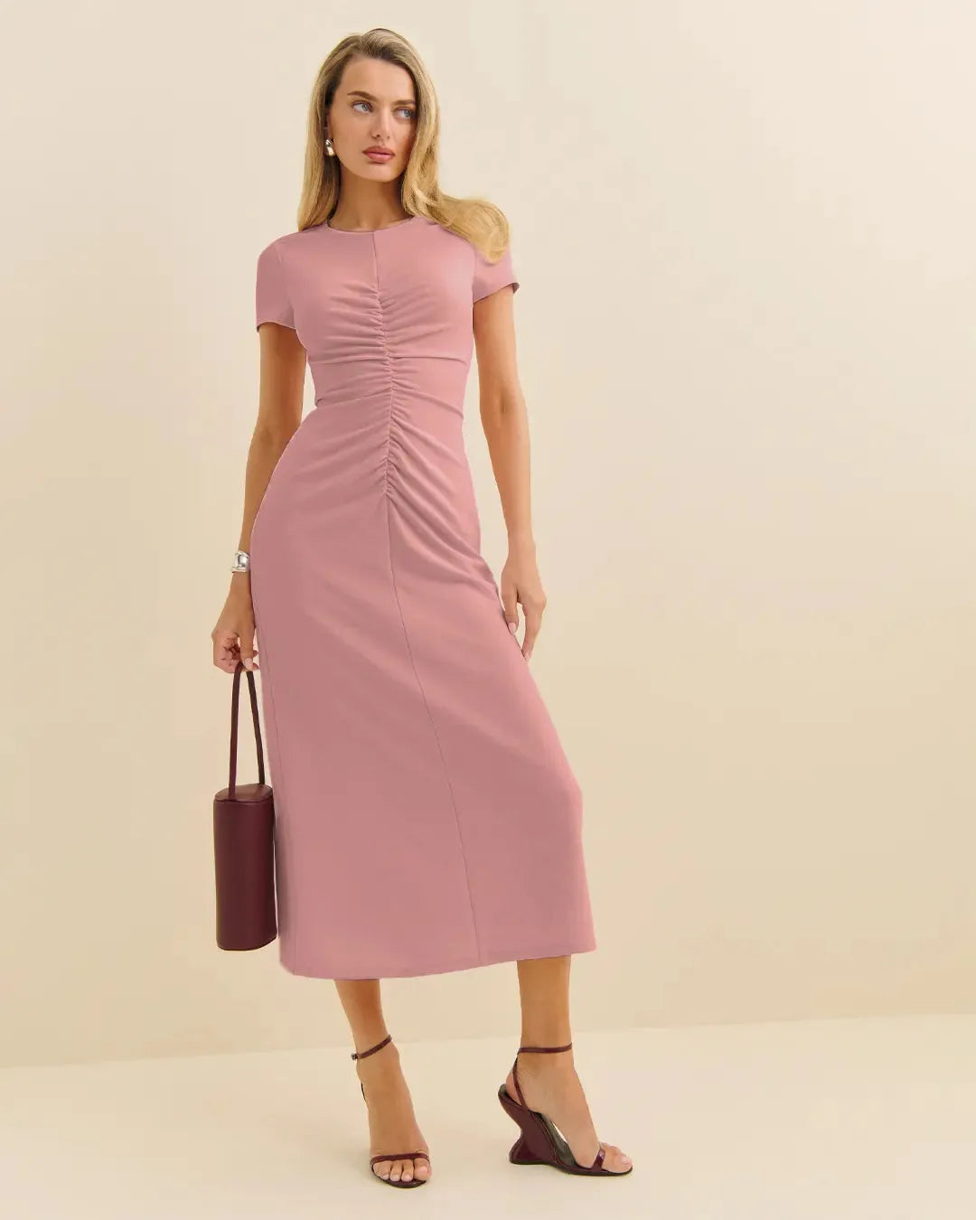 Short Sleeves Ruched Midi Dress with Round Neckline In Rose Pink