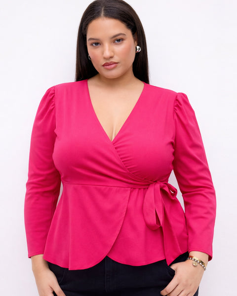 Side Knot Wrap Full Sleeve Top Curve & Plus in Deep Pink Front View for Women | Littlebox India