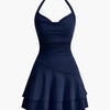 Skater Dress with Halter Neck and Ruffle Hem in Navy Blue Front View for Women | Littlebox India