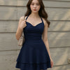 Skater Dress with Halter Neck and Ruffle Hem in Navy Blue On Model for Women | Littlebox India