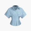 Sky Blue Cinched Waist Collared Shirt Top Front View for Women | Littlebox India